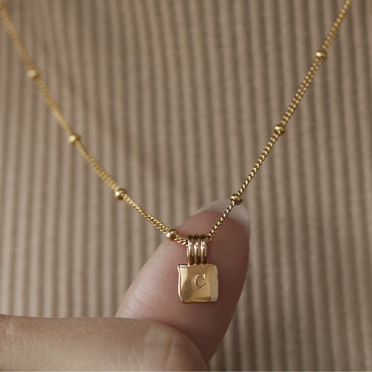 Mini Initial Square Charm Necklace Gold With Bead Chain